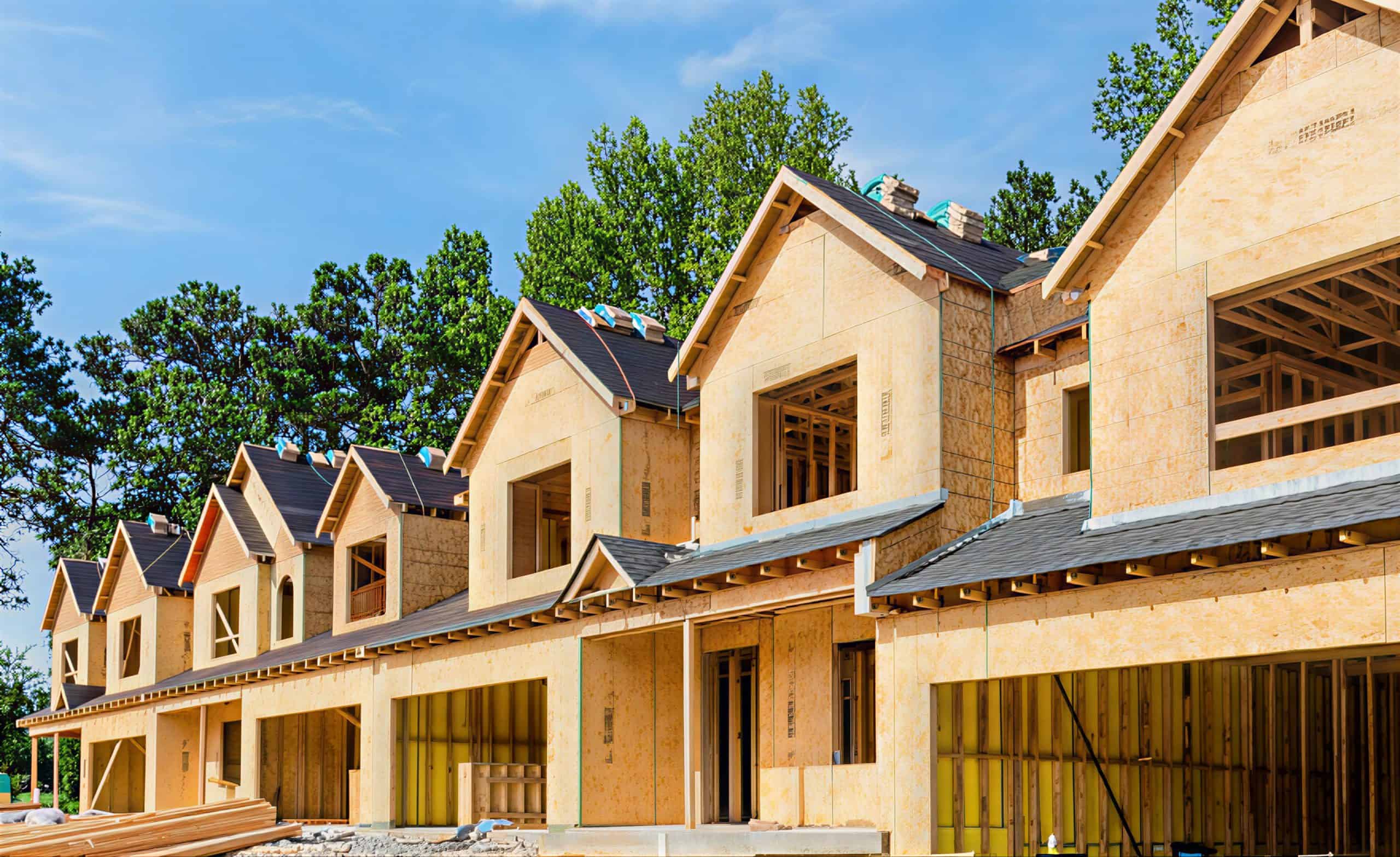 Row of newly built townhouses under construction, framed with plywood sheathing, open window and garage openings, and construction materials in front, set against trees and a clear blue sky.