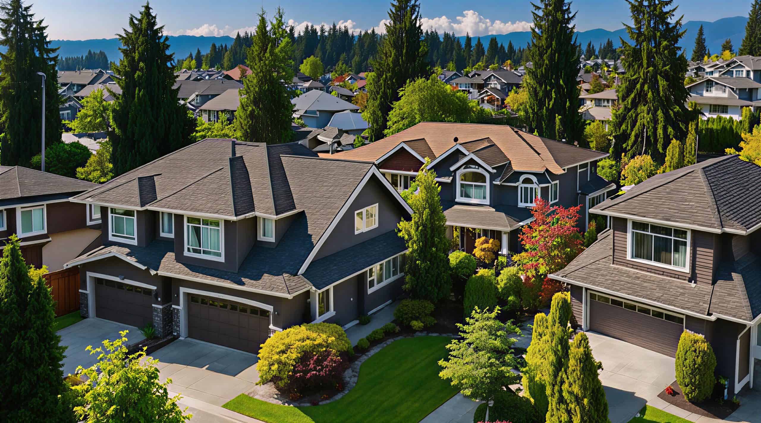 Aerial view of a quiet suburban neighborhood with modern single-family houses, manicured lawns, tree-lined streets, and forested hills in the background on a sunny day.